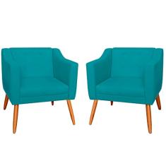 Kit 02 Poltronas Decorativas Lavinia Pés Palito Suede Azul Turquesa - DS Estofados