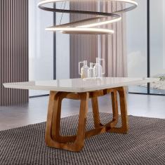 Mesa em Madeira Maciça 180x90cm Tampo Vidro Genova Mobilare Cinamomo Imbuia/Off White