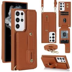 Capa de couro com alça de mão crossbody para Samsung Galaxy S23 S22 Ultra A54 A14 A34 A53 5G cordão porta cartão, marrom, para Galaxy S23 Plus