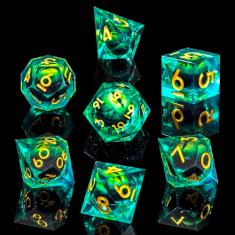 Beholder's Dragon Eye DND Dice Set,Sharp Edge Liquid Core Resin Handmade Dice with Gift Box 7 PCS for Role Playing Dungeons and Dragons Ttrpg(Green Dragon Eye)