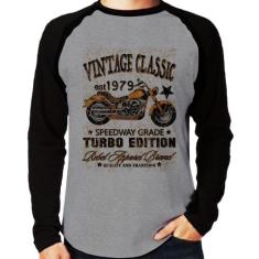 Camiseta Raglan Vintage Classic Moto Manga Longa - Foca na Moda, Cinza