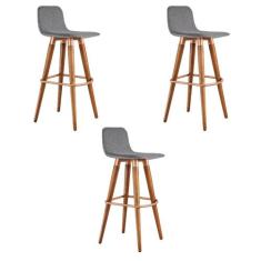 Kit 3 Banquetas Altas Luxo Linea Aço Cobre Linho Cinza Base Carvalho -