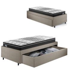 Cama Box Solteiro com Gaveta 88x188 cm Revestida em Linho Bege com Colchão Gransleep Ecoflex