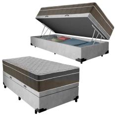 Cama Box Baú Solteiro com Colchão Molas Ensacadas Suede 88x188x69 Cinza SerenePrime