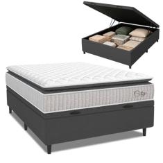 Cama Box Baú Colchão Casal Molas Ensacadas City Pillow Top 138x188x64cm Branco/Cinza Hellen - Suporta até 110kg por Pessoa