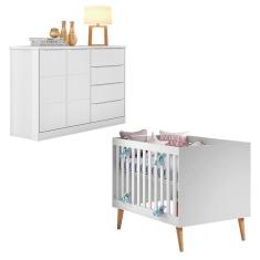 Berço Americano com Cômoda Ludmila Blenda 2 Portas 4 Gavetas em MDF 133cm Branco Phoenix