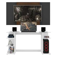 Mesa Gamer Escrivaninha com Painel Tv 55" Guilda Multimóveis Branco/preto/madeirado