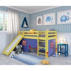 Cama Alta Kids com Escorregador e Tenda em Madeira Maciça/MDF Amarelo/Azul