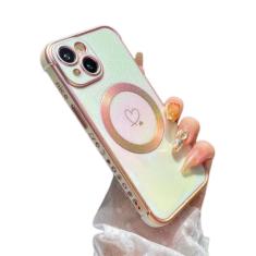 ZTOFERA Capa magnética para iPhone 14 de 6,1 polegadas, linda capa iridescente luxuosa com padrão de corações de amor, borda chapeada, proteção de lente de câmera, capa de telefone à prova de choque