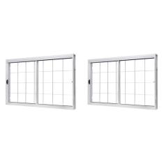 Kit com 2 Janelas de Aço de Correr Lateral 100x120cm 2 Folhas com Grade Quadruculada Vidro Liso Branco
