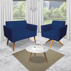 Kit 01 Namoradeira e 01 Poltrona Marisa Suede Azul Marinho Base Girató
