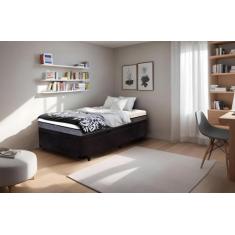 Cama Baú Serenelife em Madeira de Eucalipto, Suede Preto, Solteirão