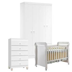 Quarto de Bebê 4 Portas com Gaveteiro Ternura Baby e Berço Mirelle Branco Brilho - Incorplac