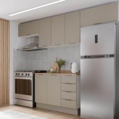 Cozinha Modulada 4 Peças com Tampo e Rodapé 3 Aéreos e 1 Balcão Ipanema Cabecasa Madeiramadeira Cinza Trama