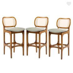 Kit 3 Banquetas Alta com Encosto Rattan Decor Madeira Imbuia Linho Verde L84 RMI