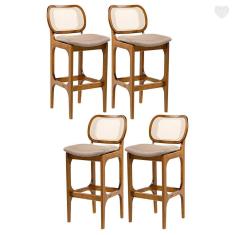 Kit 4 Banquetas Alta para Bancada Decor Encosto Rattan Madeira Imbuia Linho Marrom L87 RMI
