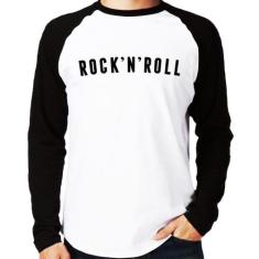 Camiseta Raglan Rock 'n' Roll Manga Longa - Foca na Moda, Branco, Pret