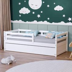 Bicama Solteiro Eco com Grade de Proteção Madeira Maciça Branco Mobili