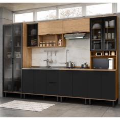 Cozinha Modulada Toscana 6 Peças Mdf com Paneleiro 1 Forno e Cristaleira Freijó/Nero