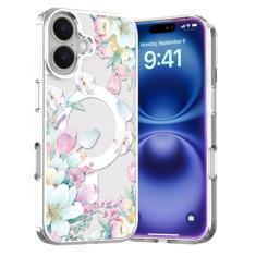 Akeivare Capa para iPhone 16 Plus Magsafe, capa fina floral à prova de choque rígida fofa PC + TPU bumper feminina capa magnética flor