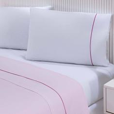 Jogo De Cama Lençol 100% Algodão Percal 150 Fios Queen Gran Moratta 4 Peças Branco E Rosa