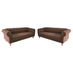 Dois Sofás Chesterfield Capitone Duque Suede Marrom  - NOVO ENCANTO