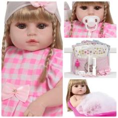 Boneca Reborn Loira Princesa Vestido Rosa Vários Acessórios - Cegonha 