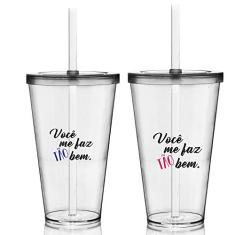 Kit 2 Copos com Tampa e Canudo Personalizados Dia dos Namorados