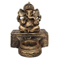 Ganesha na Base com Castiçal Dourado Resina 13,5cm