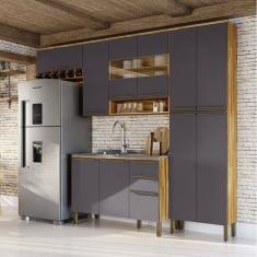 Cozinha Compacta Modulada 4 Peças 11 Portas e 2 Gavetas com Vidro sem Tampo Itália Espresso Móveis Amêndoa/Cinza