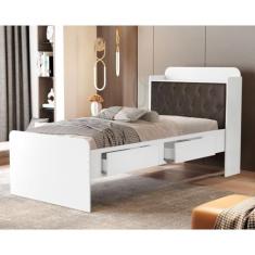 Cama Solteiro com Baú 2 Gavetas Tamires Branco/Nogal