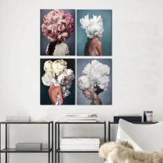 Kit 4 Quadros Decorativos Mulher Com Flores - Datela