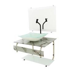 Gabinete De Vidro 60Cm Inox Cuba Retangular - Mármore Branco - Cubas E