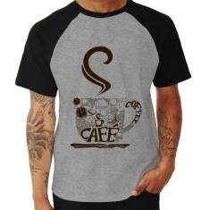 Camiseta Raglan Café Coffee - Foca na Moda, Cinza, Preto, M