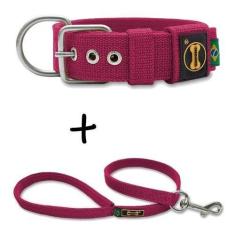 Coleira Cachorro Grande Pit Bull + Guia 80cm (Pink) - Amorosso, Pink, 