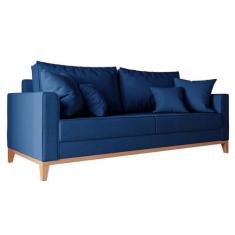 Sofá 3 Lugares Beny Base de Madeira Linho Rústico Azul Marinho - Keva