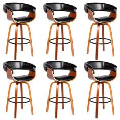 Kit 6 Banquetas Giratória Alta com Encosto Base Madeira Ravi R02 PU Preto - Mpozenato