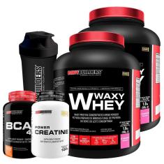 Waxy whey 2kg morango + bcaa 100g + creatine 100g + shaker