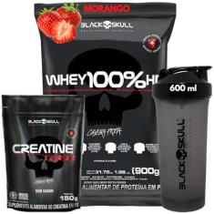Kit Creatina Monohidratada 150g + Whey Protein 100% HD Pure 900g Isolado - Hidrolisado - Concentrado Refil + Coqueteleira - Black Skull (Whey 100% Morango Refil + Creatina 150g)