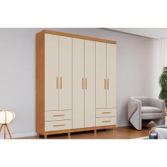 Guarda Roupa Solteiro Canadá Plus 6 Portas de Bater 4 Gavetas MDF-MDP Cinamomo-Off White Conquista Móveis