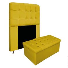 Kit Cabeceira e Calçadeira Baú Estofada Mel 90 cm Solteiro Com Capitonê Suede Amarelo - Doce Sonho Móveis
