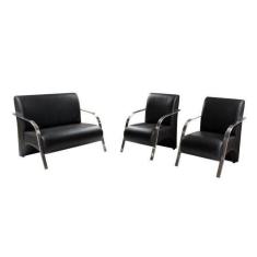 Conjunto Poltrona Decorativa Sevilha Braço Alumínio kit 3 peças Confortável Sala Corino Preto