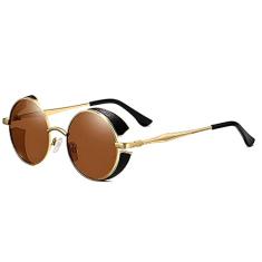 Óculos de Sol Masculino Redondo Steampunk OLEY Proteção Polarizados UV400 Metal Frame Óculos de Sol Vintage (C2)