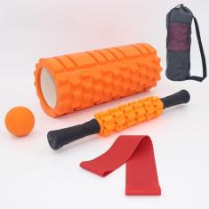 Rolo massagem liberação miofascial 5x1 foam roller com bastão massagem e bola lacrosse e mini band com bolsa pra carregar (laranja)