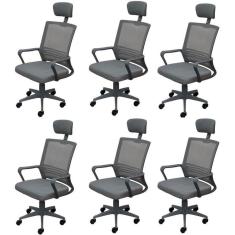 Kit 6 Cadeiras para Escritório Presidente Lyon Alta em Tela Mesh Cinza