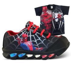 Tênis de LED Infantil Menino Aranha Masculino + Camisa - Kids, Preto, 