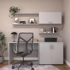 Conjunto de Mesa com Armário de Escritório, Armário Aéreo e 3 Pratelei