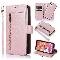 Capa de couro de luxo para iPhone 14 13 12 11 Pro XS Max XR X SE 2022 8 7 6 6S Plus Carteira com zíper Capa removível para bolsa, ouro rosa, para iphone 7 8
