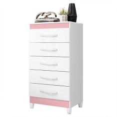 Cômoda Esmeralda 5 Gavetas - Móveis Albatroz, Branco/Rosa Matte