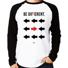 Camiseta Raglan Be Different Manga Longa - Foca na Moda, Branco, Preto